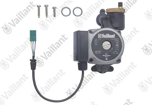 Vaillant Pumpe mit Stromanschluss, Anschlusskabel und Montageschrauben. Besteht aus einem Gehäuse mit sichtbarem Typenschild und zwei Dichtungsringen.